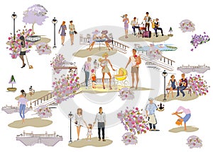 People walking and have a rest outdoor in summer park in the flat style.